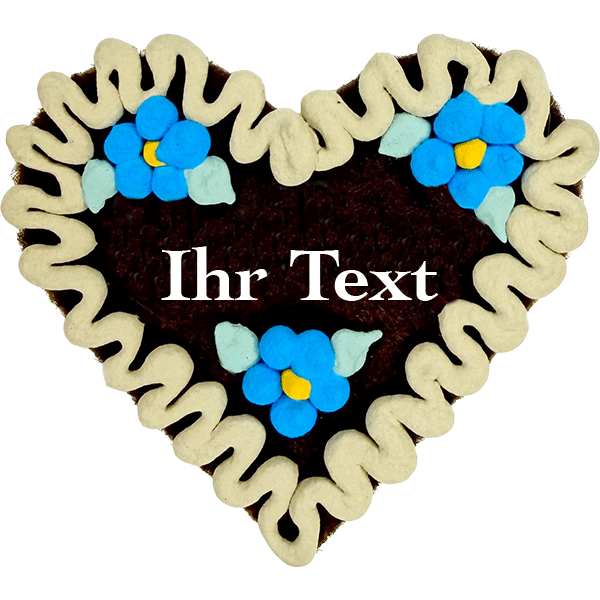 Original Münchner Filzherz "WUNSCHTEXT" - beiger Rand, himmelblaue Blumen