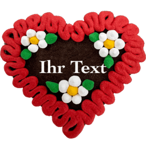 Original Münchner Filzherz "WUNSCHTEXT" - erdbeerroter Rand, weiße Blumen
