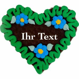 Original Münchner Filzherz "WUNSCHTEXT" - grüner Rand, himmelblaue Blumen