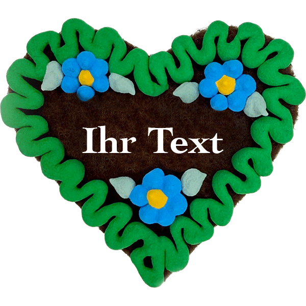 Original Münchner Filzherz "WUNSCHTEXT" - grüner Rand, himmelblaue Blumen