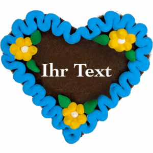 Original Münchner Filzherz "WUNSCHTEXT" - himmelblauer Rand, gelbe Blumen