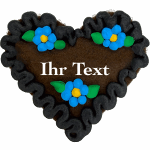 Original Münchner Filzherz "WUNSCHTEXT" - schwarzer Rand, himmelblaue Blumen
