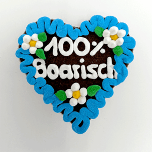 Original Münchner Wiesn-Filzherz "100% Boarisch" - himmelblauer Rand, weiße Blumen