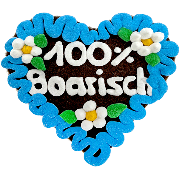 Original Münchner Filzherz "100% Boarisch" - himmelblauer Rand, weiße Blumen