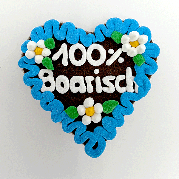 Original Münchner Filzherz "100% Boarisch" - himmelblauer Rand, weiße Blumen – Bild 2