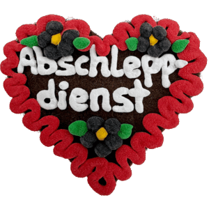 Original Münchner Filzherz "Abschleppdienst" - erdbeerroter Rand, schwarze Blumen