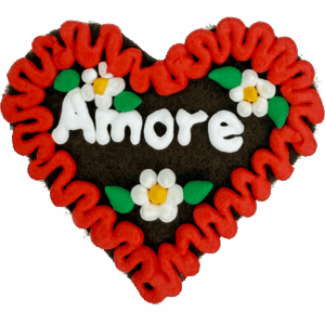 Original Münchner Filzherz "Amore" - erdbeerroter Rand, weiße Blumen