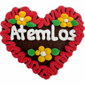Original Münchner Filzherz "Atemlos" - erdbeerroter Rand, gelbe Blumen