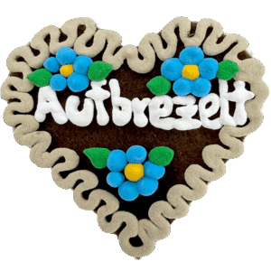 Original Münchner Wiesn-Filzherz "Aufbrezelt" - beiger Rand, himmelblaue Blumen