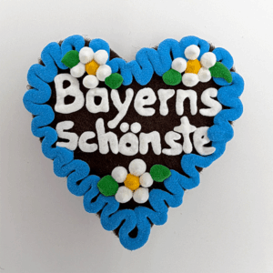 Original Münchner Wiesn-Filzherz "Bayerns Schönste" - himmelblauer Rand, weiße Blumen