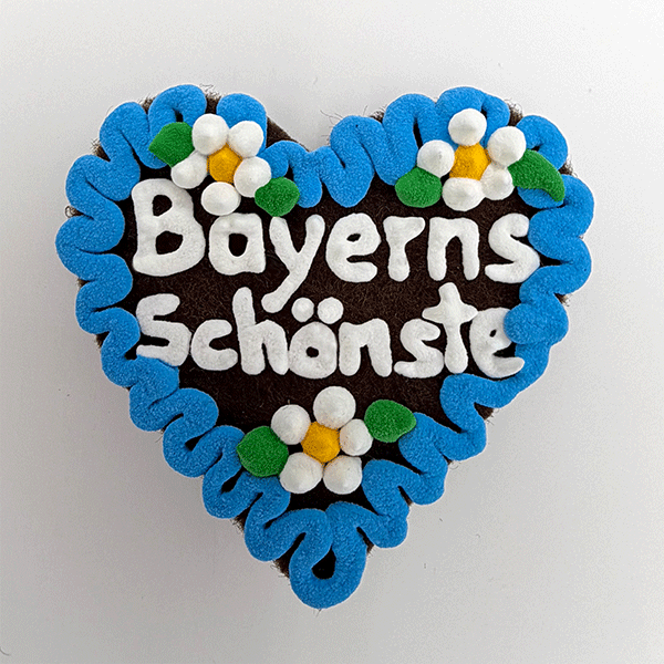 Original Münchner Wiesn-Filzherz "Bayerns Schönste" - himmelblauer Rand, weiße Blumen