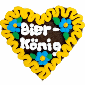 Original Münchner Filzherz "Bier König" - gelber Rand, himmelblaue Blumen