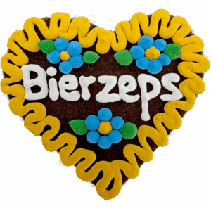 Original Münchner Filzherz "Bierzeps" - gelber Rand, himmelblaue Blumen