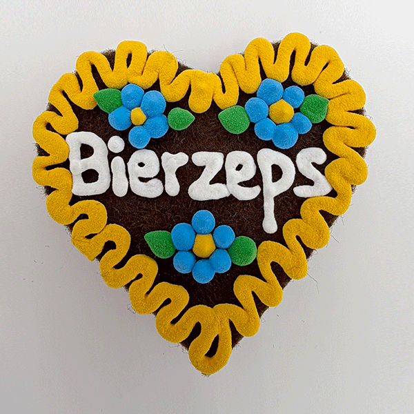 Original Münchner Wiesn-Filzherz "Bierzeps" - gelber Rand, himmelblaue Blumen
