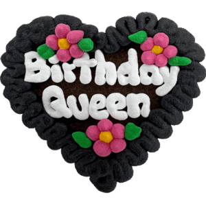 Original Münchner Filzherz "Birthday Queen" - schwarzer Rand, rosa Blumen