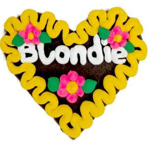 Original Münchner Wiesn-Filzherz "Blondie" - gelber Rand, pinke Blumen