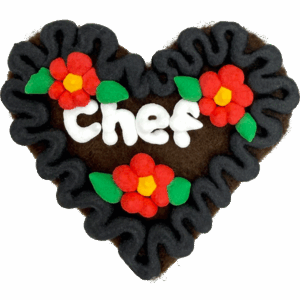 Original Münchner Filzherz "Chef" - schwarzer Rand, erdbeerrote Blumen