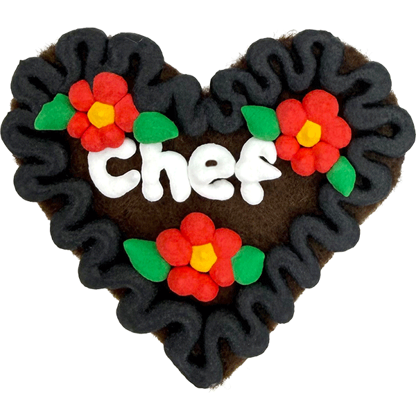Original Münchner Filzherz "Chef" - schwarzer Rand, erdbeerrote Blumen