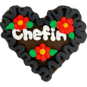 Original Münchner Filzherz "Chefin" - schwarzer Rand, erdbeerrote Blumen