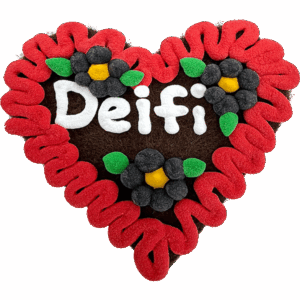 Original Münchner Filzherz "Deifi" - erdbeerroter Rand, schwarze Blumen