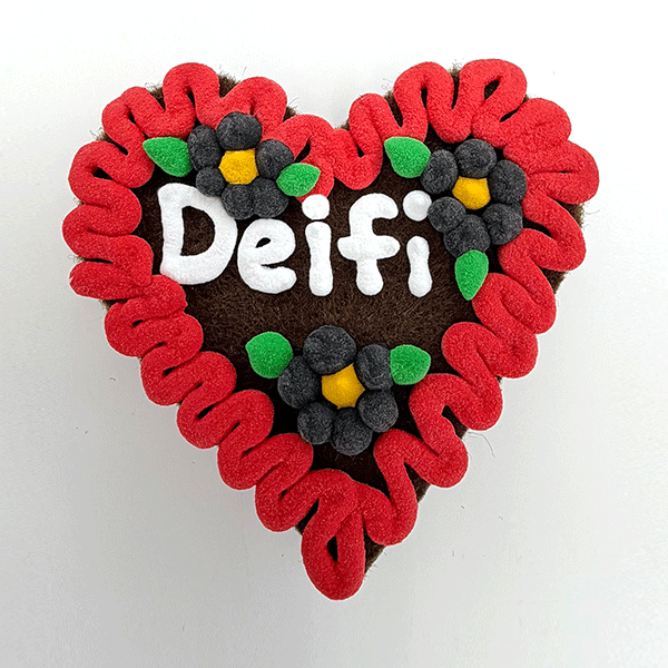 Original Münchner Filzherz "Deifi" - erdbeerroter Rand, schwarze Blumen – Bild 2