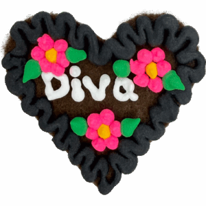 Original Münchner Wiesn-Filzherz "Diva" - schwarzer Rand, pinke Blumen