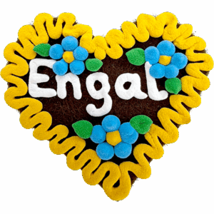 Original Münchner Filzherz "Engal" - gelber Rand, himmelblaue Blumen