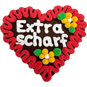 Original Münchner Filzherz "Extra Scharf" - erdbeerroter Rand, gelbe Blumen