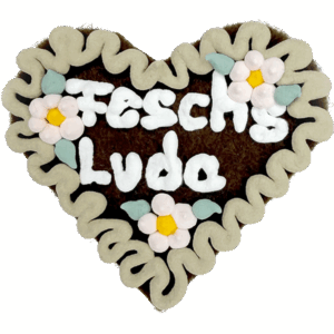 Original Münchner Wiesn-Filzherz "Feschs Luda" - beiger Rand, hellrosa Blumen