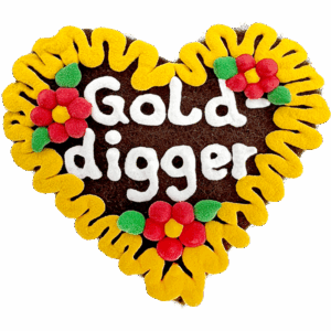 Original Münchner Filzherz "Golddigger" - gelber Rand, erdbeerrote Blumen
