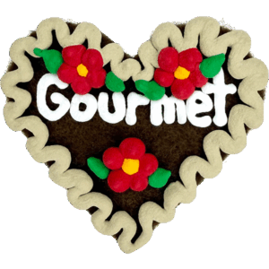 Original Münchner Filzherz "Gourmet" - beiger Rand, rubinrote Blumen
