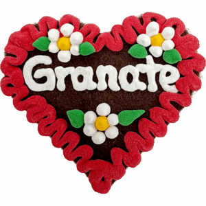Original Münchner Filzherz "Granate" - erdbeerroter Rand, weiße Blumen