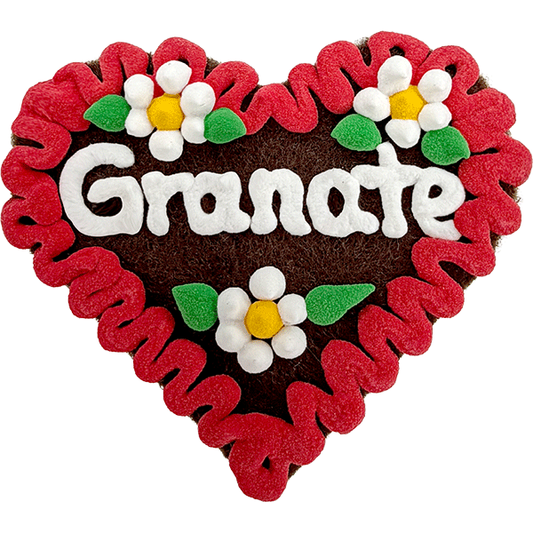 Original Münchner Filzherz "Granate" - erdbeerroter Rand, weiße Blumen