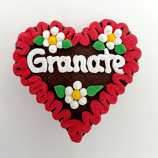 Original Münchner Filzherz "Granate" - erdbeerroter Rand, weiße Blumen – Bild 2