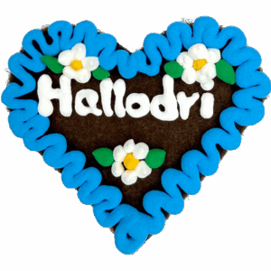 Original Münchner Wiesn-Filzherz "Hallodri" - himmelblauer Rand, weiße Blumen