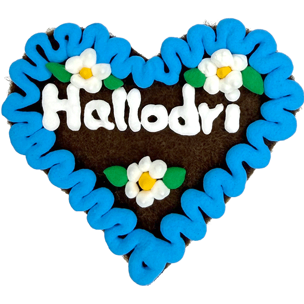 Original Münchner Filzherz "Hallodri" - himmelblauer Rand, weiße Blumen
