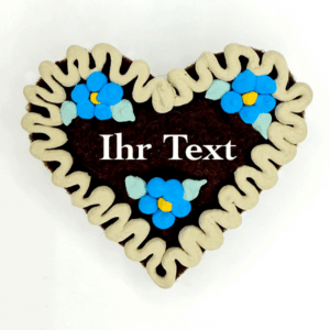 Original Münchner Wiesn-Filzherz "WUNSCHTEXT" - beiger Rand, himmelblaue Blumen