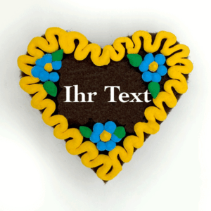 Original Münchner Wiesn-Filzherz "WUNSCHTEXT" - gelber Rand, himmelblaue Blumen