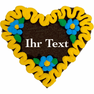 Original Münchner Filzherz "WUNSCHTEXT" - gelber Rand, himmelblaue Blumen