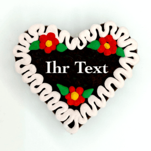 Original Münchner Wiesn-Filzherz "WUNSCHTEXT" - hellrosa Rand, erdbeerrote Blumen