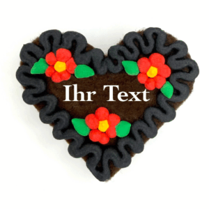 Original Münchner Wiesn-Filzherz "WUNSCHTEXT" - schwarzer Rand, erdbeerrote Blumen