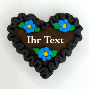 Original Münchner Wiesn-Filzherz "WUNSCHTEXT" - schwarzer Rand, himmelblaue Blumen