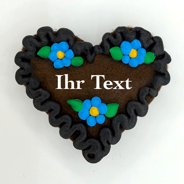 Original Münchner Wiesn-Filzherz "WUNSCHTEXT" - schwarzer Rand, himmelblaue Blumen