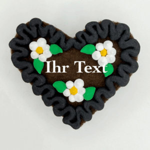 Original Münchner Wiesn-Filzherz "WUNSCHTEXT" - schwarzer Rand, weiße Blumen