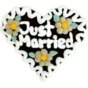 Original Münchner Filzherz "Just Married" - weißer Rand, beige Blumen