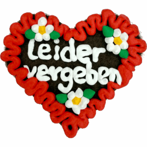 Original Münchner Filzherz "Leider vergeben" - erdbeerroter Rand, weiße Blumen