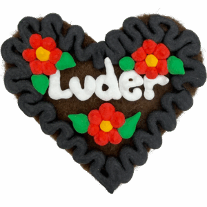 Original Münchner Filzherz "Luder" - schwarzer Rand, erdbeerrote Blumen
