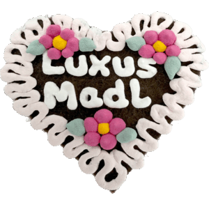 Original Münchner Filzherz "Luxus Madl" - hellrosa Rand, rosa Blumen