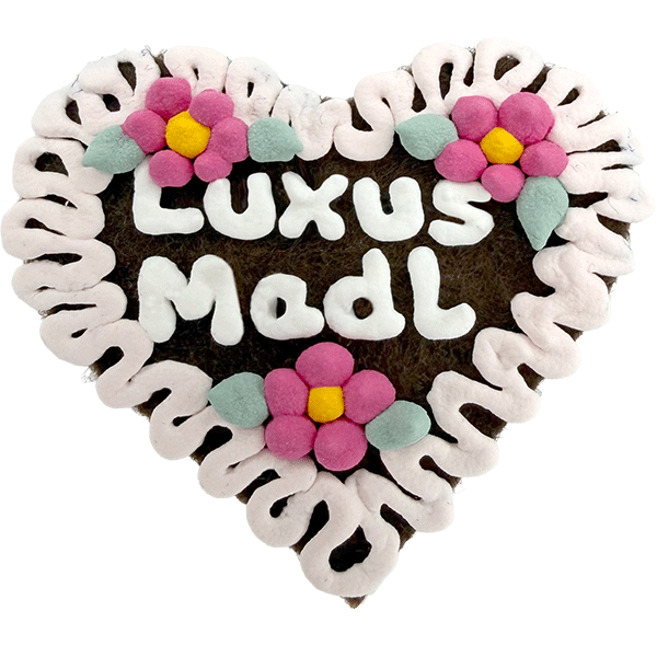 Original Münchner Filzherz "Luxus Madl" - hellrosa Rand, rosa Blumen