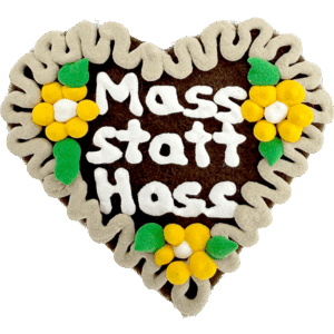 Original Münchner Filzherz "Mass statt Hass" - beiger Rand, gelbe Blumen